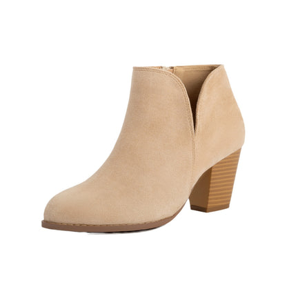 Women's V-Cut Side Zipper Suede Chunky Heel Ankle Boots with Round Toe