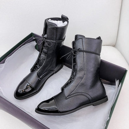 Women's Knee-High Black Chunky Heel Martin Motorcycle Boots