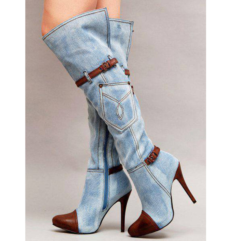 Plus Size Women's Denim Knee-High Boots with Stitching and High Heels