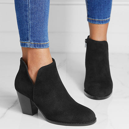 Women's V-Cut Side Zipper Suede Chunky Heel Ankle Boots with Round Toe