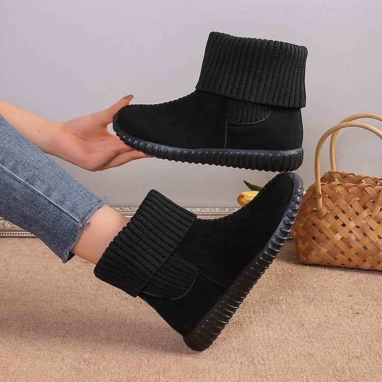 Winter Fashion Flat Ankle Boots for Women – Comfortable Reversible Knitted Design Snow Boots