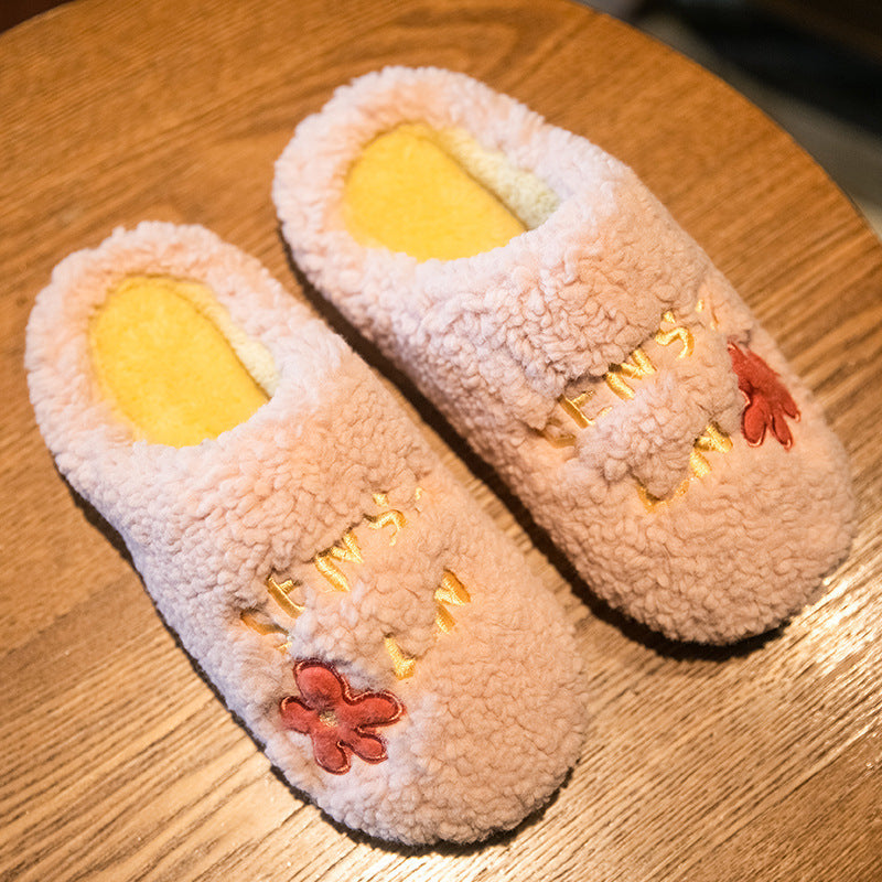 Cute Flower Fleece Slippers for Women – Winter Warm, Non-Slip Plush Bedroom Floor Slippers