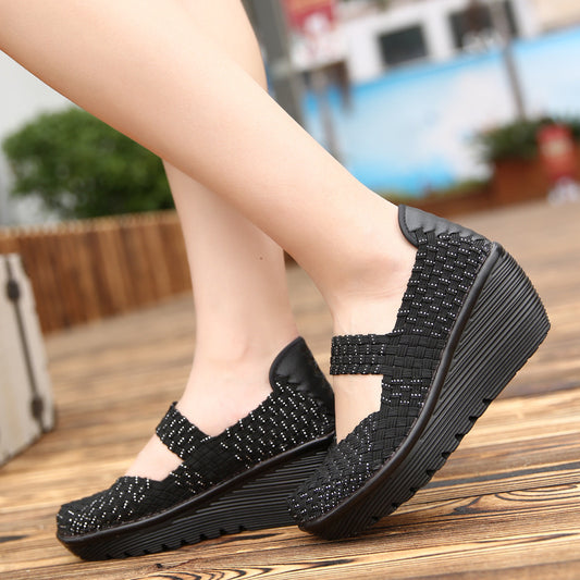 Women's Casual Platform Shoes: Hand-Woven with Hollow-Out Design