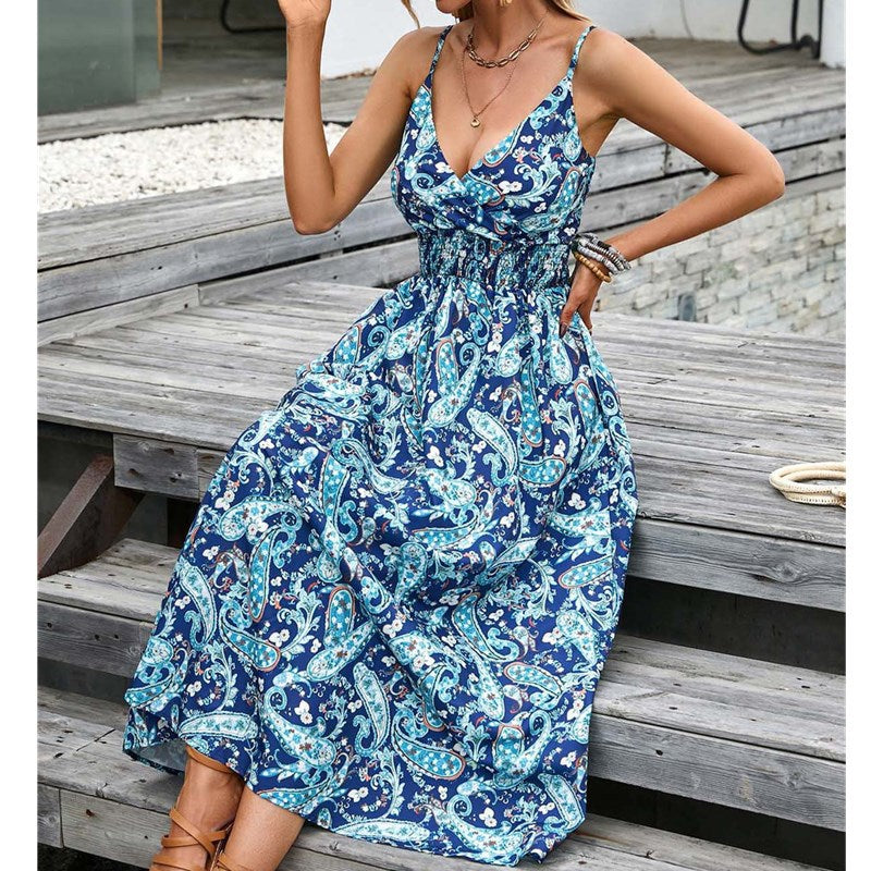 Fashionable Deep V Printed Slip Dress Summer