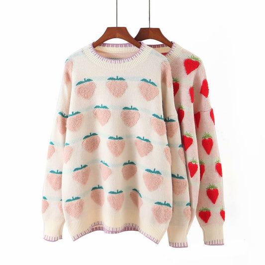 Strawberry jacquard pullover sweater