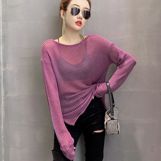 Women's Hollow Knit Sweater Loose Sexy Outerwear - Long Sleeves