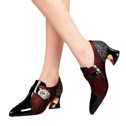 Women's Fashion Rhinestone Mid Heel Deep Mouth Pumps in Soft Leather