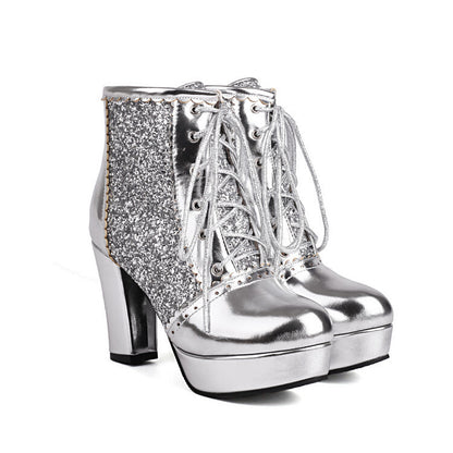 Autumn and Winter Sequin Fashion Boots with Thick Heels and Lace-up Design