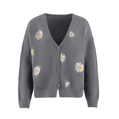 Women's Single Breasted Sweater Chrysanthemum Embroidered Cardigans Coat