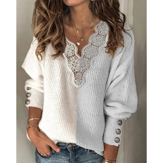 Solid V-neck Loose Long Sleeve Sweater