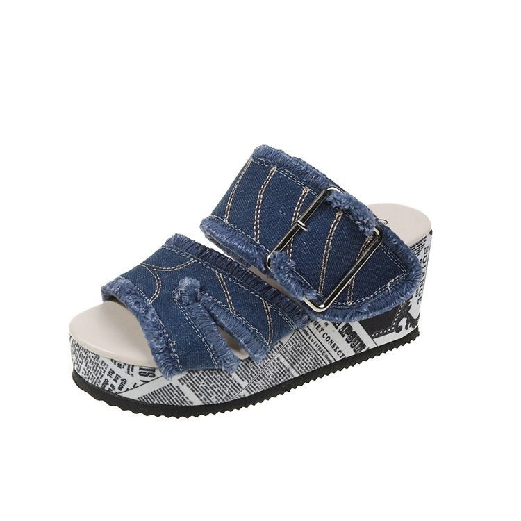 Fashionable Wedge Denim Sandals with Round Toe, Peep Toe, and Rhinestone High Heels – Comfortable and Stylish