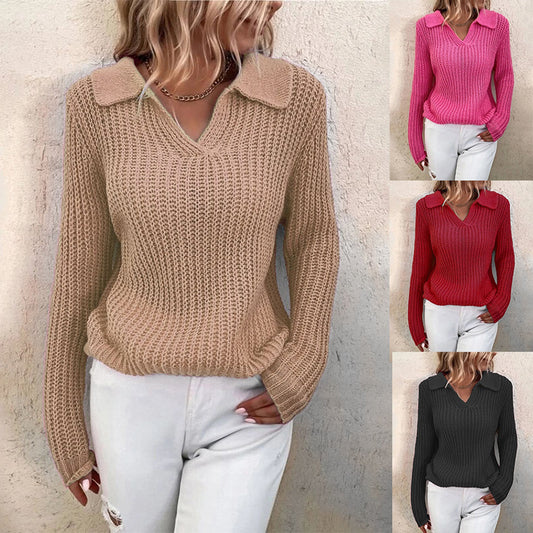 Slim Round Neck Knitted Sweater with Lapel - Solid Color