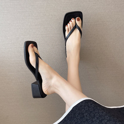 Women's Fashion Outerwear Square Toe All-matching Chunky Heel Non-slip Beach Flip Flops