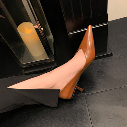 Korean Style Stiletto Heel Pointed Toe V-Shaped Mouth Pumps in Patent Sheepskin