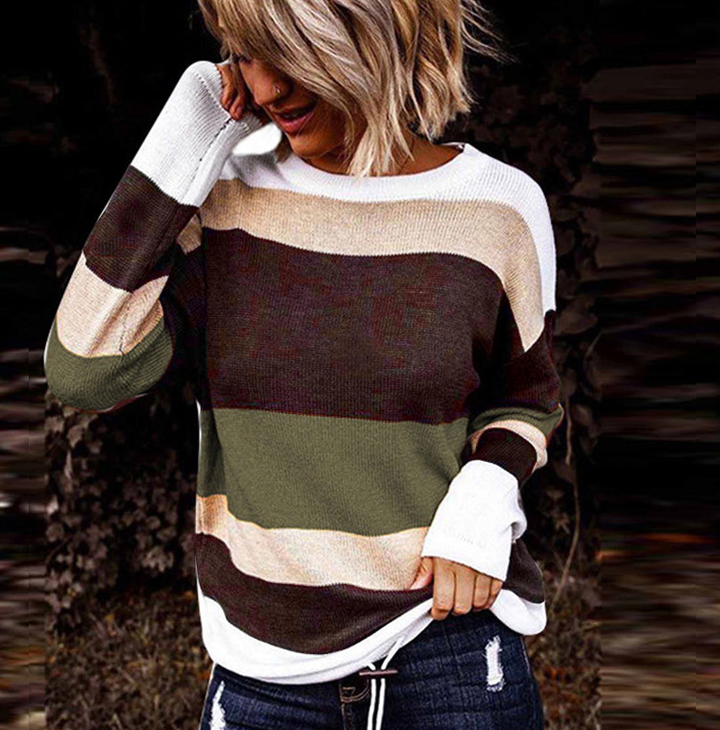 Women's Loose Crew Neck T-Shirt with Colorful Stripes