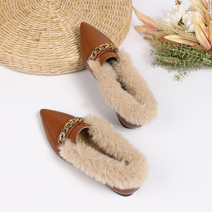 Plus Size Fluffy Shoes with Pointed Toe and Horsebit Buckle Detail