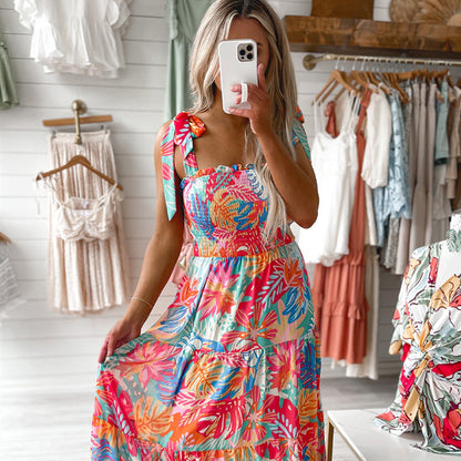 Casual Pleating High Waist Print Dress