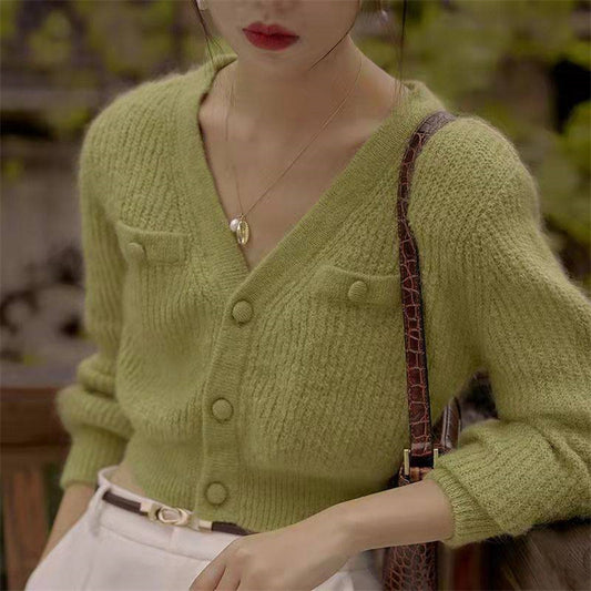 Women's V-Neck Short Sweater Coat in Hong Kong Style for a Sweet Look