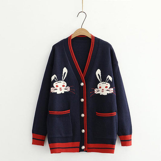 Striped Rabbit Knitted Sweater Coat with Button Pocket - V-Neck Design