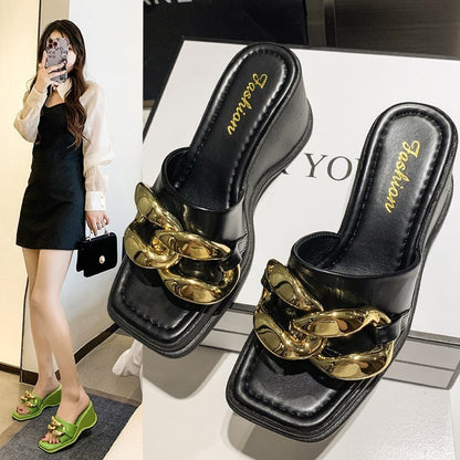 Summer New Korean Version Square Head Chain Thick Bottom Fashion Sandals