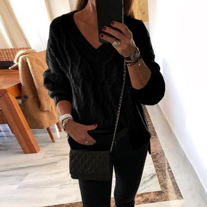 Stylish Twist V-Neck Split Pullover Sweater for Fashionable Appeal