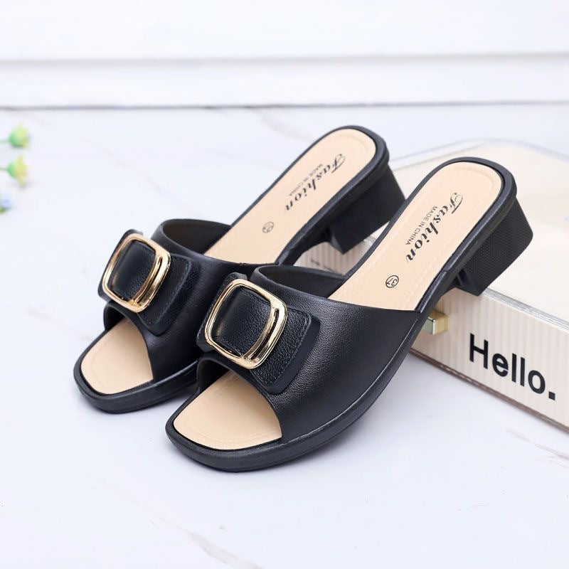 Women's Chunky Heel High Heel Summer Slippers with Buckle - Korean Style Outdoor Beach Shoes