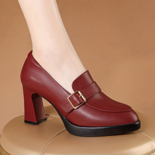 Comfortable European and American Low-Cut Fashion Square Buckle British Style High Heels