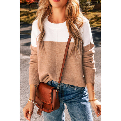 Women's All-Match Round Neck Pullover Top with Contrast Color Stitching