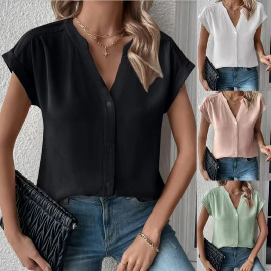 Women's Fashion Solid Color And V-neck Short Sleeve Top