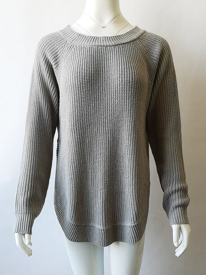 Split Round Neck Long Sleeve Sweater Pullover - Cozy and Stylish