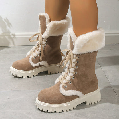 Winter Lace-Up Snow Boots for Women – Mid-Tube, Fleece Lined, Warm Chunky Heel Plush Boots