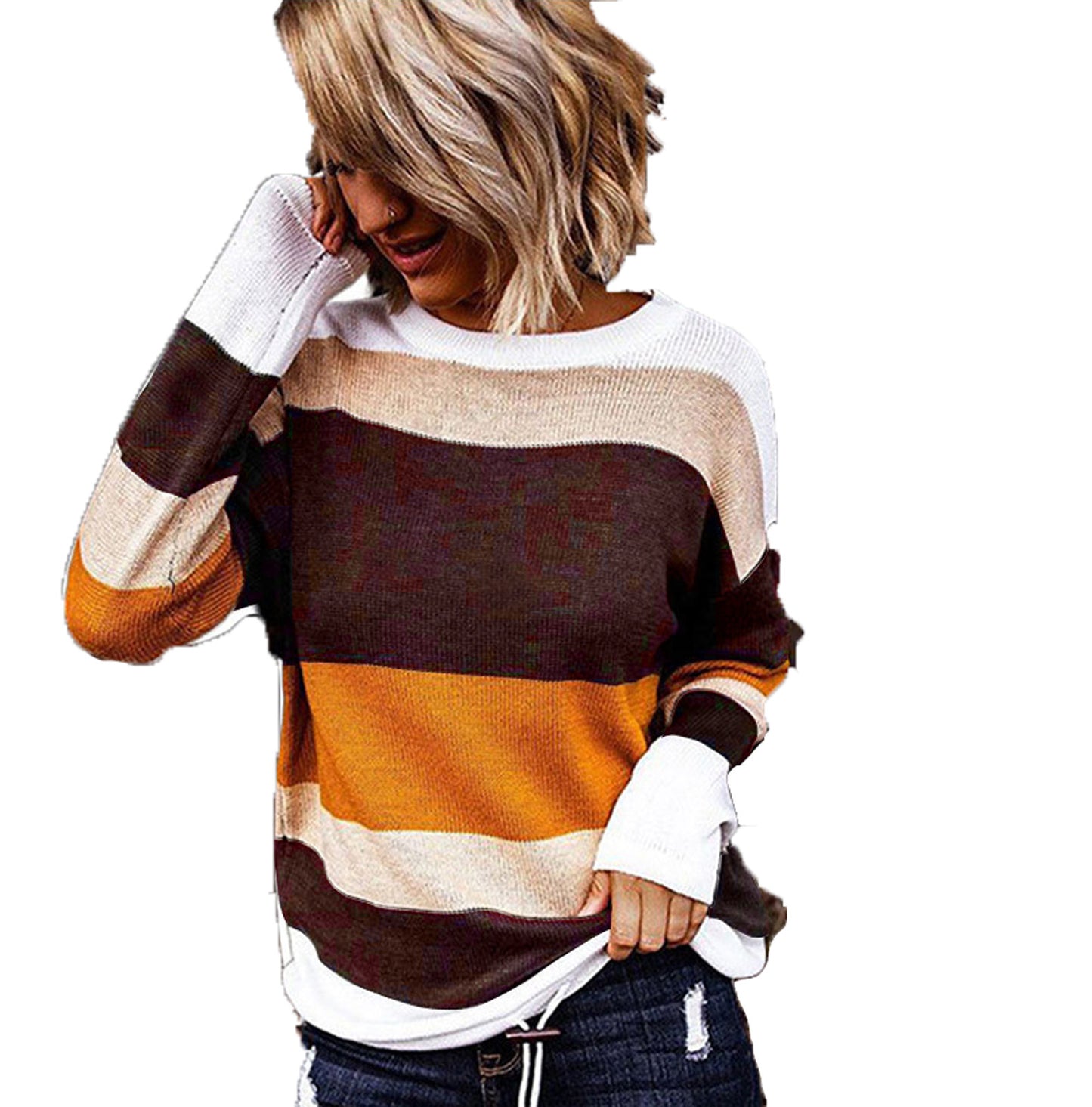 Women's Loose Crew Neck T-Shirt with Colorful Stripes