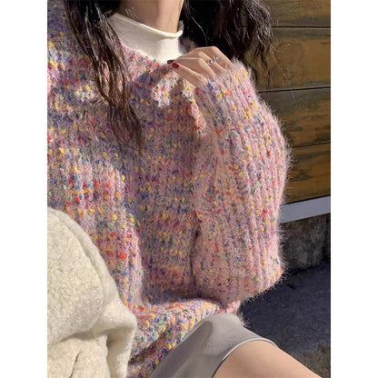 Soft Rainbow Knit Loose Sweater – Gentle Colors for Autumn & Winter