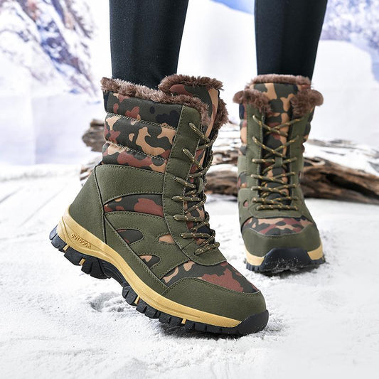 Outdoor Army Green Camouflage High-Top Snow Boots for Women, Thickened Cotton Shoes