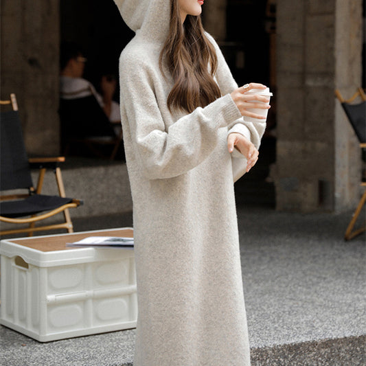 Women's Mid-Length Plush Hooded Dress - Skin-Friendly Blend