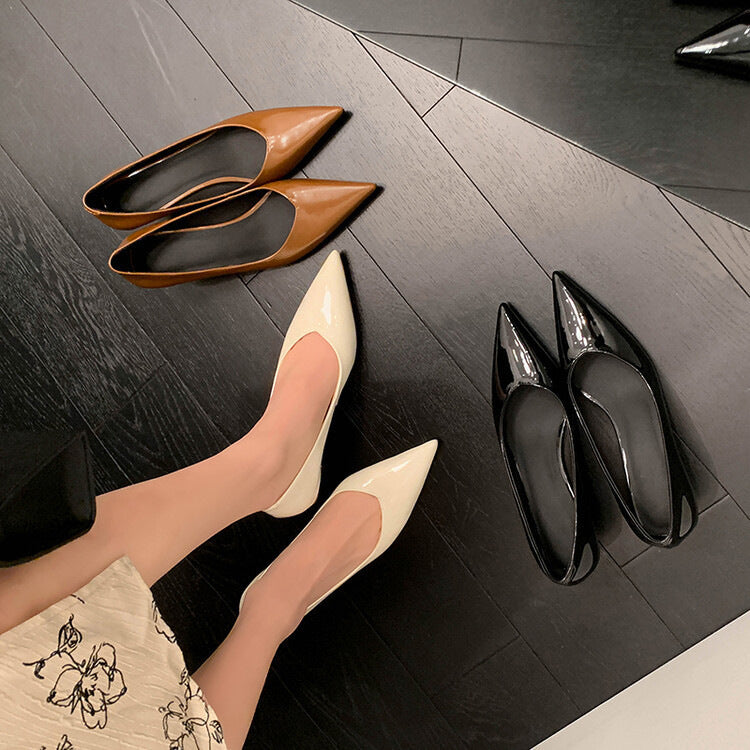 Korean Style Stiletto Heel Pointed Toe V-Shaped Mouth Pumps in Patent Sheepskin