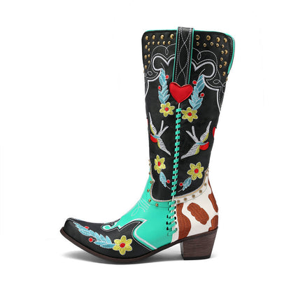 Women's Denim Western Leather Boots with Exquisite Embroidery