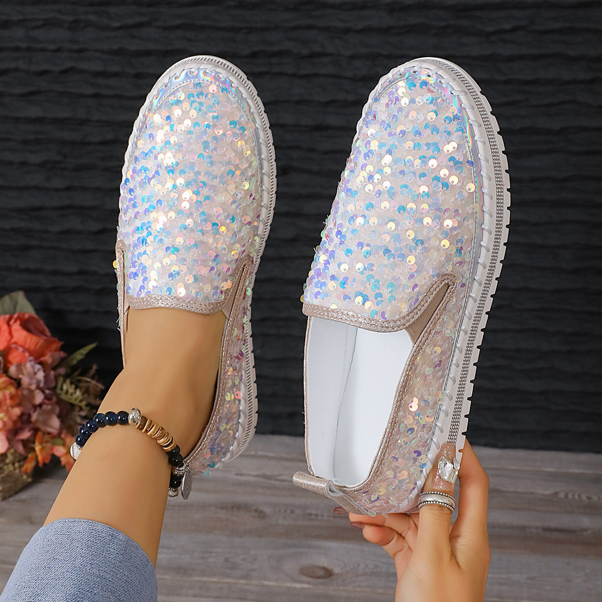 Round Toe Color-Blocking Sequin Flats for Women