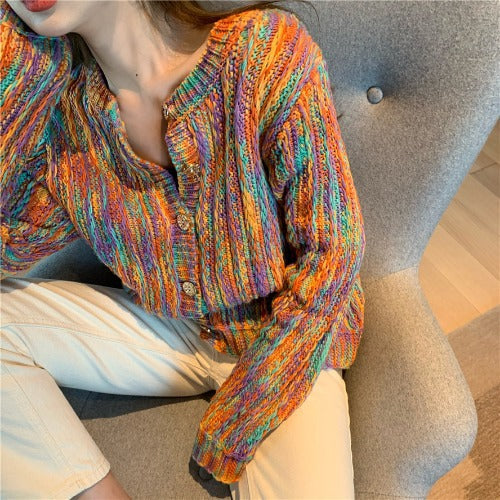 Slim Fit Contrast Knit Rainbow Cardigan Sweater