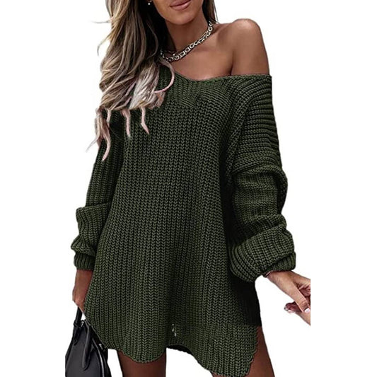 Solid Color V-Neck Sweater: Cozy Mid-Length, Off-Shoulder Style