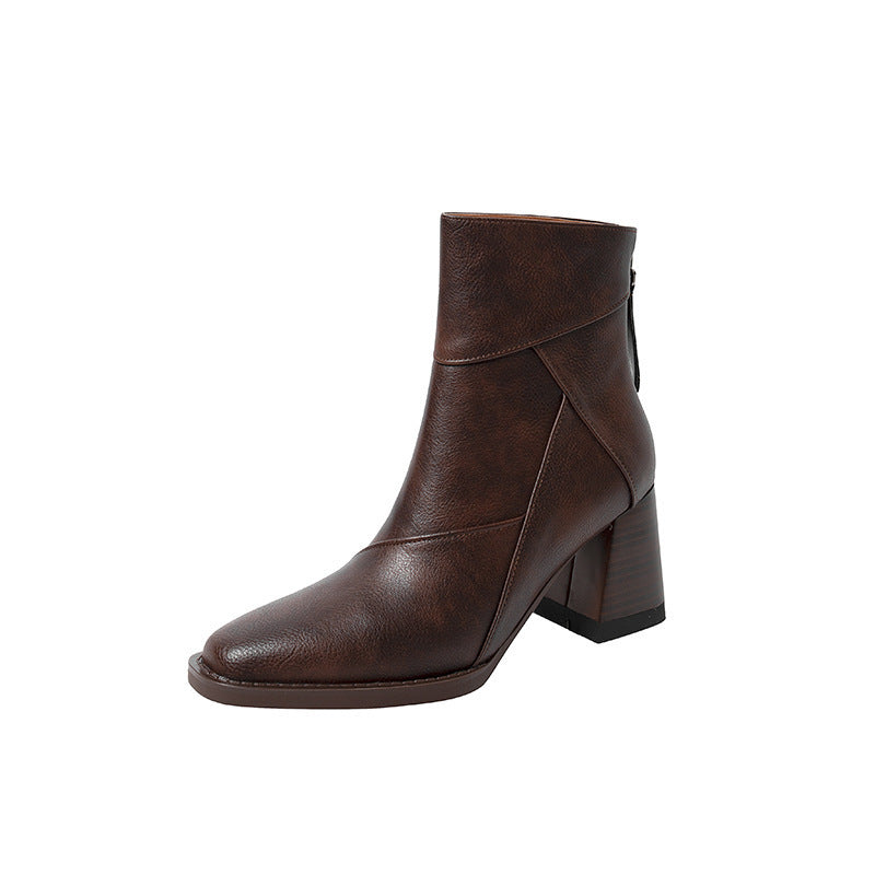 Women's Retro Brown British Style Chunky Heel Boots