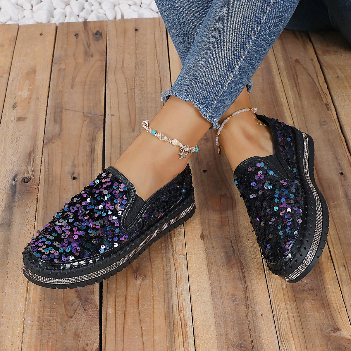 Round Toe Color-Blocking Sequin Flats for Women