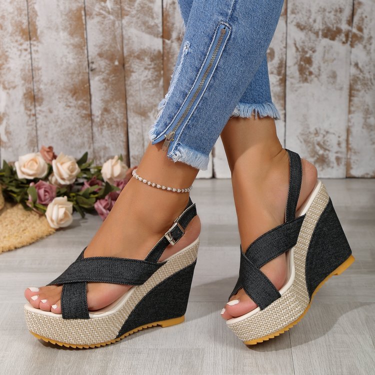 Plus Size Women's Denim Platform Wedge Sandals