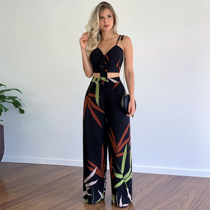 New Linen V-neck Short Vest High Waist Print Wide Leg Pants Two-piece Set