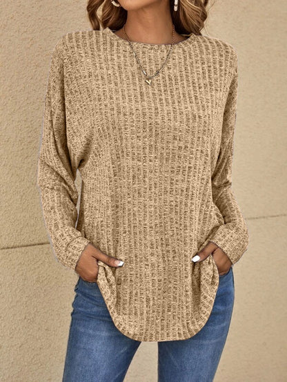 Round Neck Sunken Stripe Long Sleeve Loose T Shirt