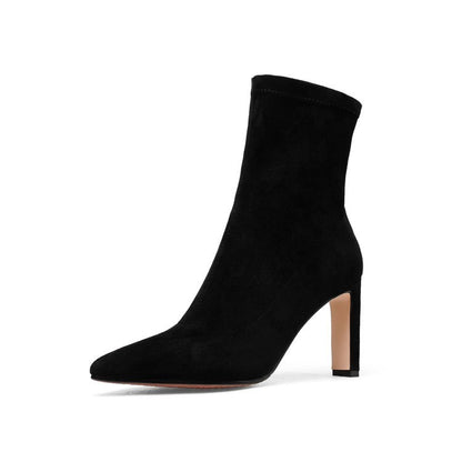 Women's Pointed Toe Short Suede Boots with Elastic High Heel