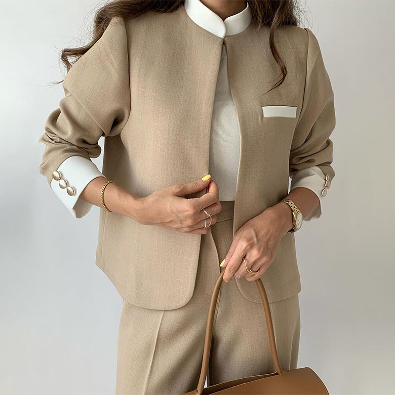 Women's Autumn and Winter Two-Piece Set: Color-Blocked Suit Jacket and Trousers