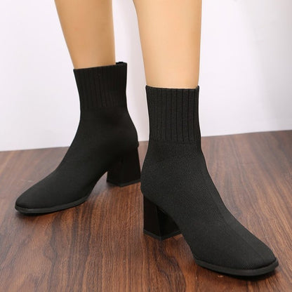 Large Size Thick Heel Pointed Toe Women's Stretch Boots