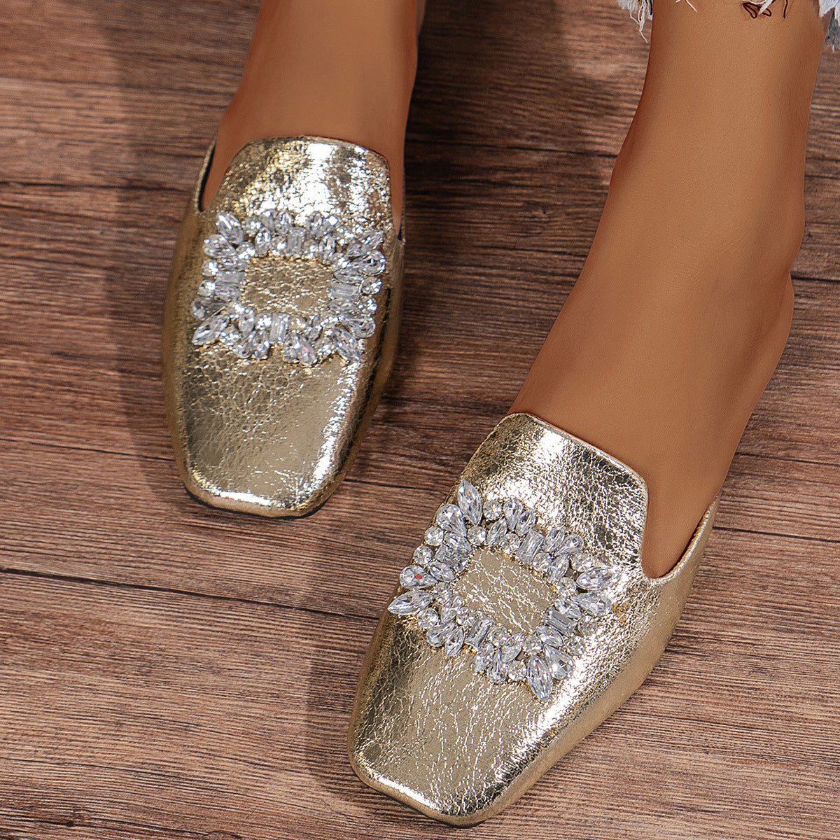 Flat Heel Silver Square Toe Rhinestone Semi-Slippers with Skirt