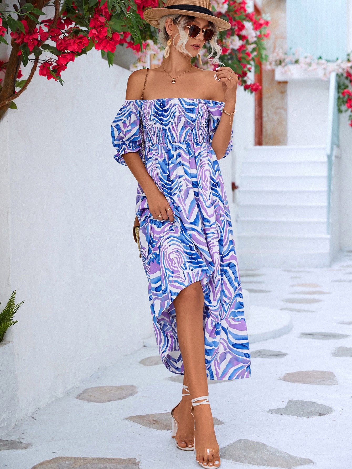 Women's Off-shoulder Smocking Printed Dress